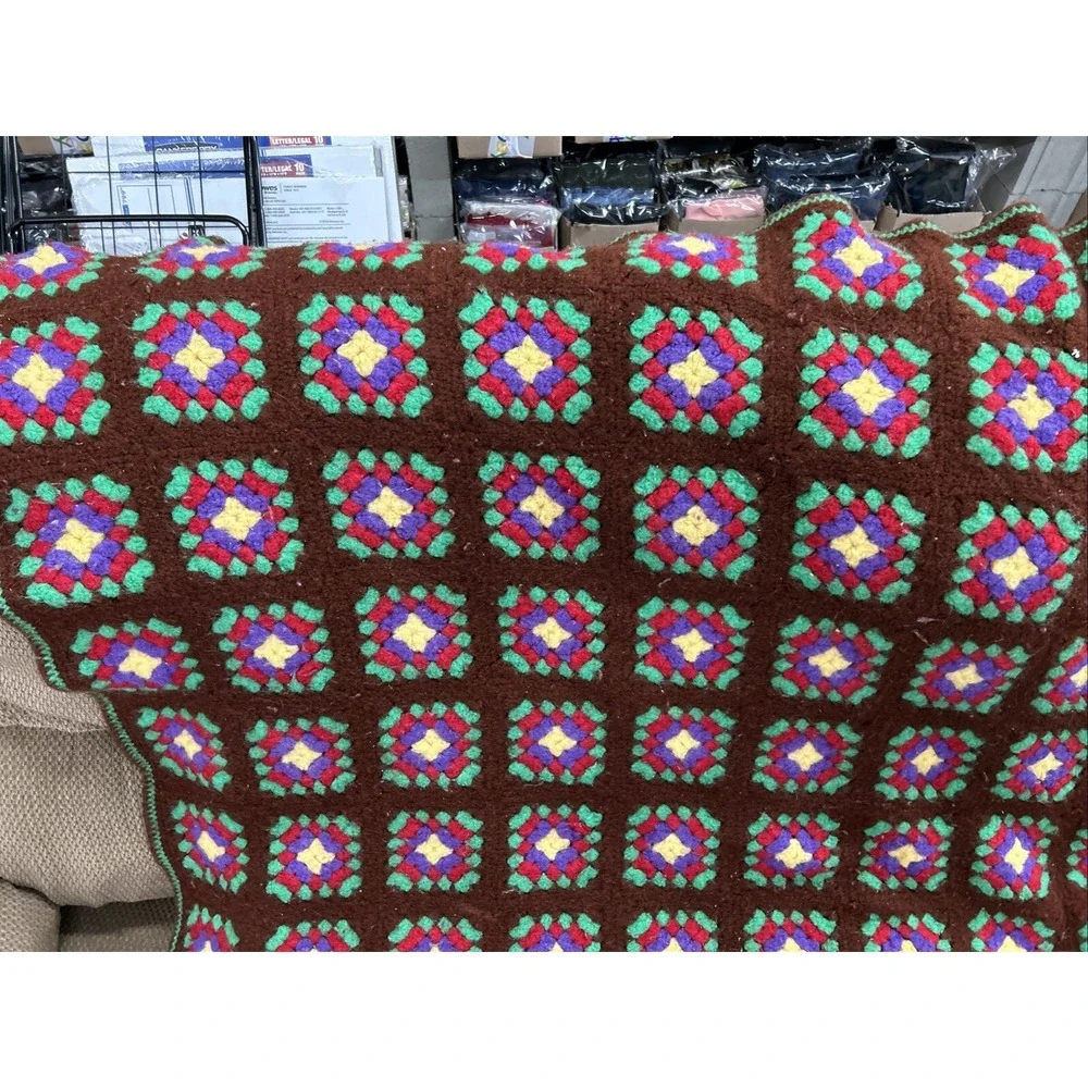 Vtg 70s Brown Multicolor Flower Square Afghan Blanket Granny Crochet Throw 48x60